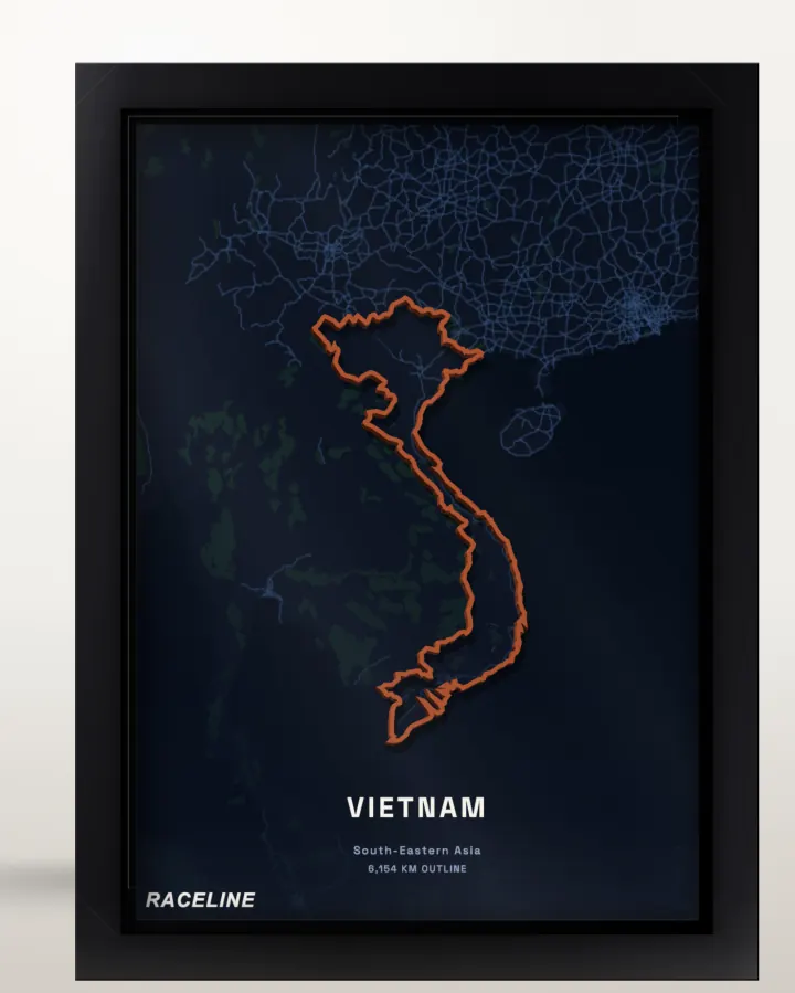 Framed Vietnam country outline poster with a map background