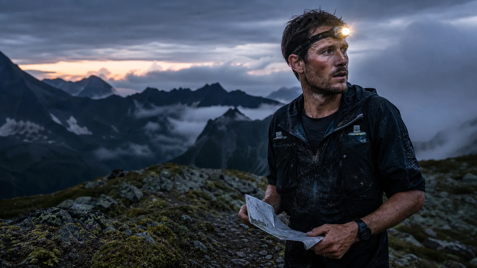 Trail runner at dawn on a mountain ridge after a hard effort