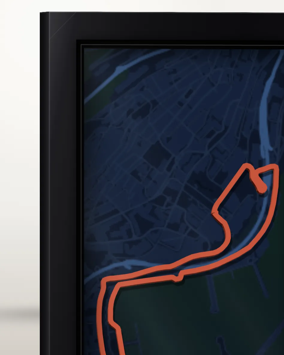 Close view of the raised route standing above the poster, casting a shadow