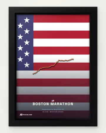 Boston marathon course in a framed flag view