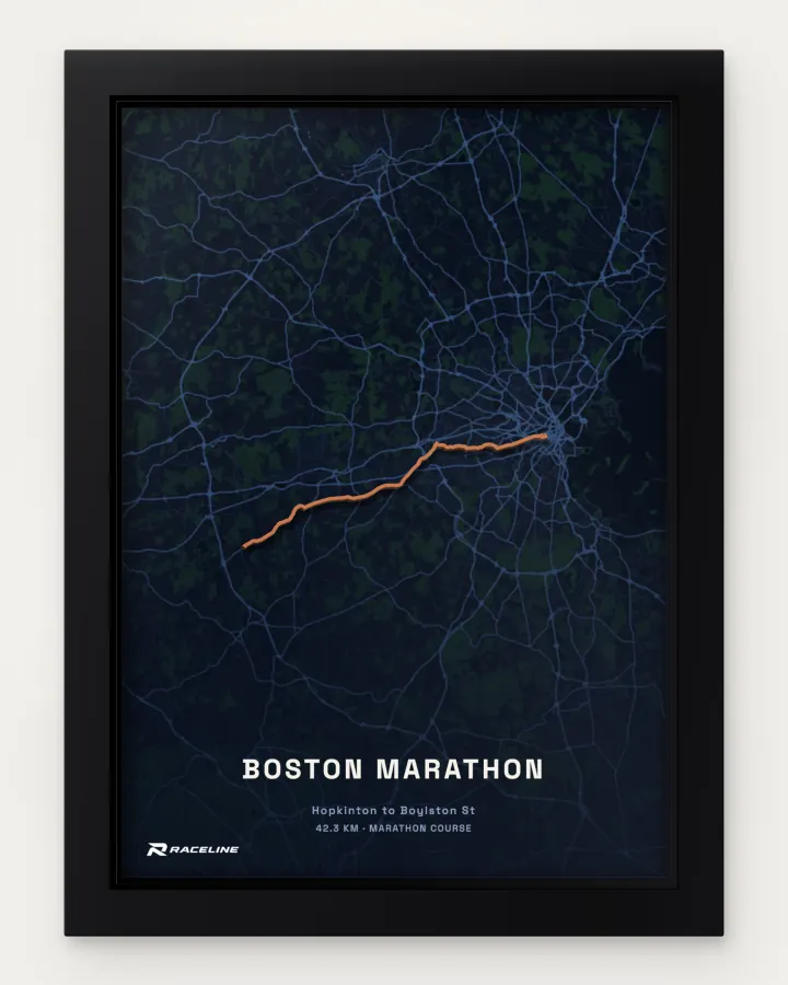 Boston marathon course in a framed map view