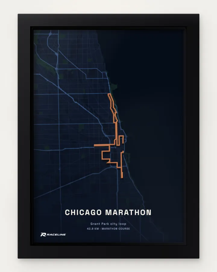 Chicago marathon course in a framed map view